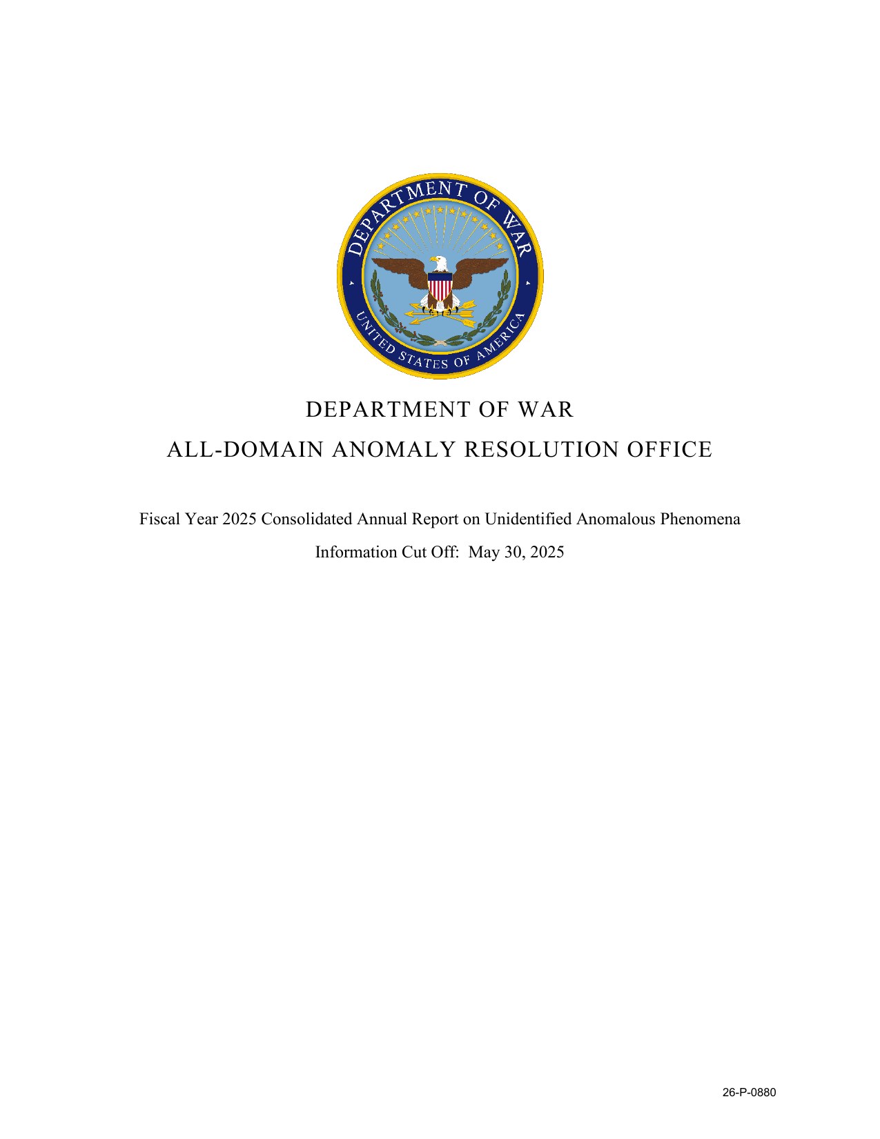 Cover page of the Department of War AARO Fiscal Year 2025 Consolidated Annual Report on Unidentified Anomalous Phenomena