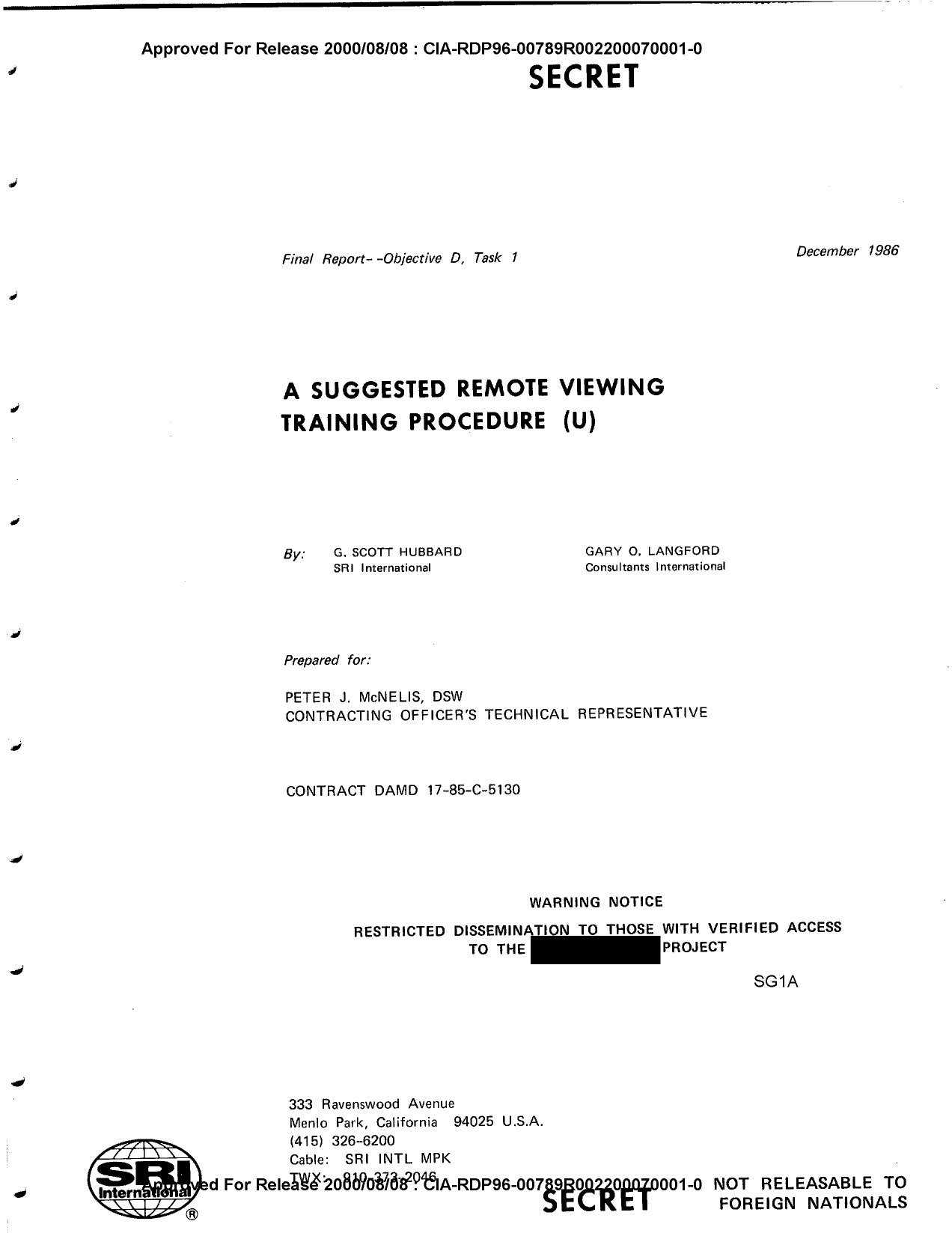 CIA Remote Viewing Training Manual Cover Page — SECRET classification