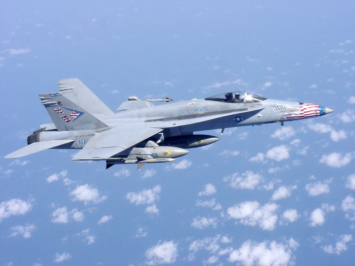 U.S. Navy F/A-18 fighter jet in flight