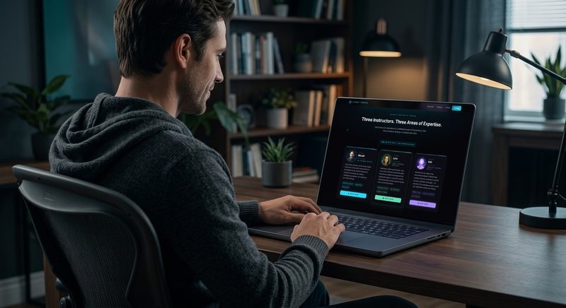 The Psionic Training training app open on a laptop, showing its three AI instructors