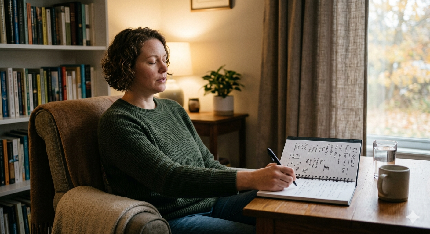Remote viewing practitioner in meditative state — illustrating the neuromeditative techniques used in psionic UAP contact protocols